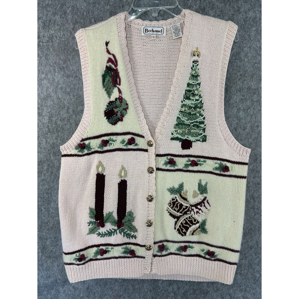 Vintage Bechamel Christmas Hand Knit Cardigan Sweater Embroidered Pink Tree